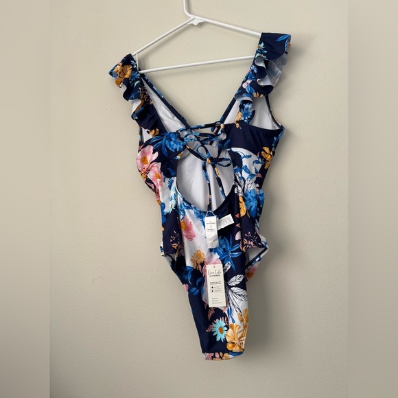 Elegant Sunny Flower Ruffled Lace-Back One Piece Swimsuit Size L NWT - Picture 6 of 14